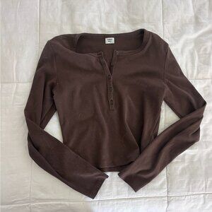 Sunday Best Brown Button Long Sleeve Top Women’s Large Aritzia Scoop Neck